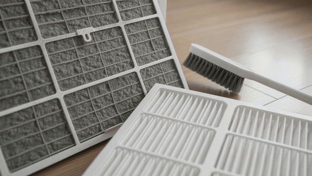 Dirty and clean air filters with a brush
