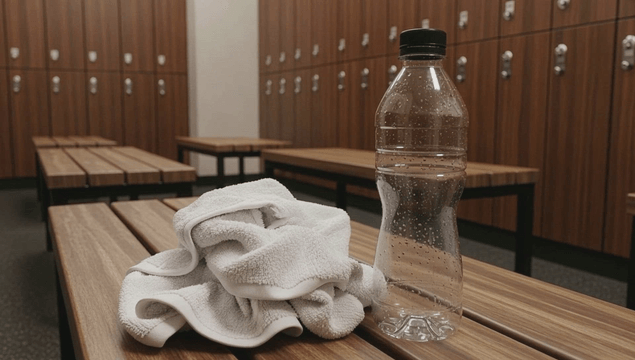 Locker room with towel and plastic bottle