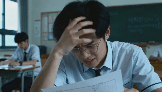 교실에서 시험 결과에 스트레스 받는 학생