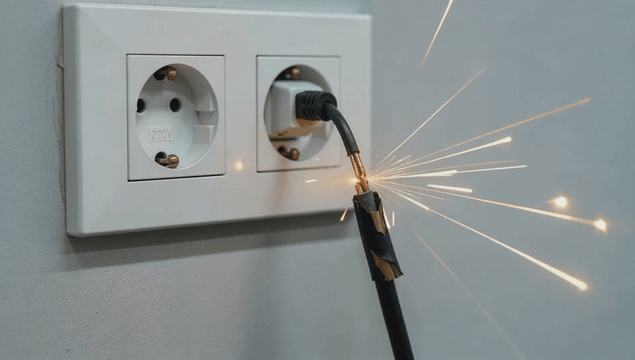 Sparks erupting from damaged electrical wire plugged into outlet