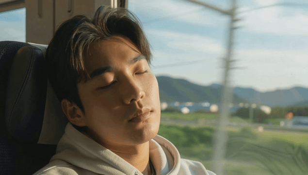 Man peacefully sleeping by a sunlit train window
