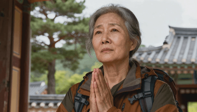 Older woman praying with folded hands at a temple