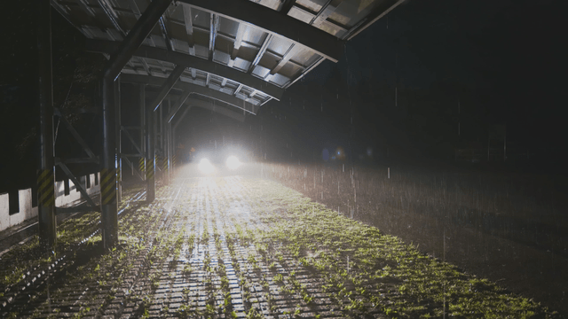 Car headlights illuminating a rainy road