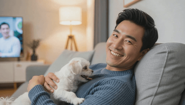 Man relaxing with a Maltese dog on a living-room sofa