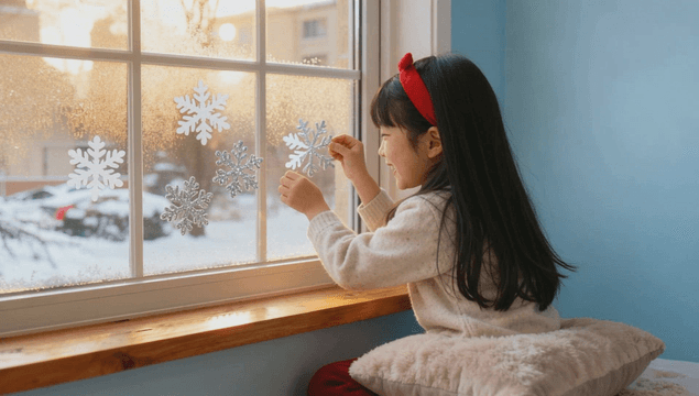 눈송이로 창문을 장식하는 여자아이