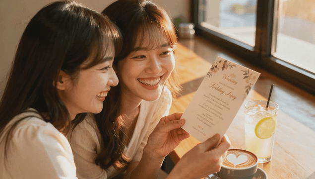 Twin sisters celebrating a wedding invitation in a sunlit cafe