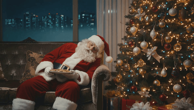 Santa sleeping by a decorated Christmas tree