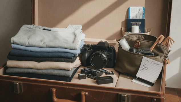 Clothes and travel items in suitcase