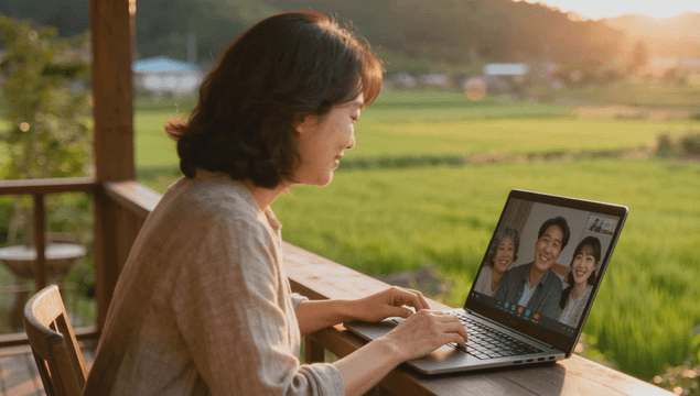 Woman video calling her family in a rural area with rice fields