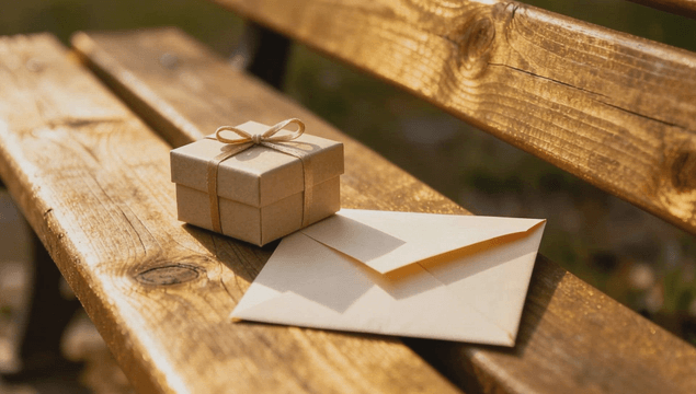 Small gift box and letter placed on bench