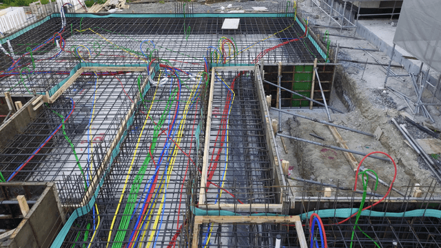 Construction site with rebar and wiring