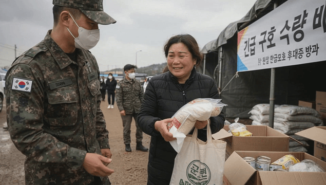 Soldier distributing relief supplies