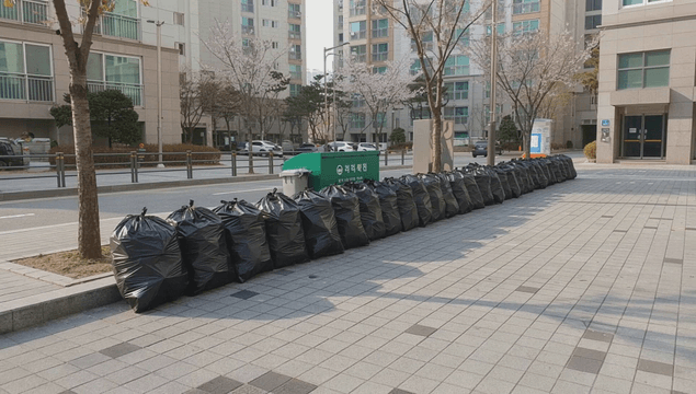 Garbage bags lined beside road near apartment complex