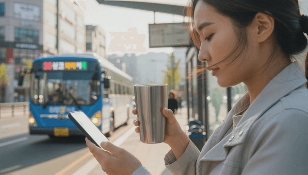 Female commuter using phone at bus stop
