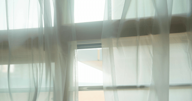 Sunlight filtering through sheer curtains in classroom