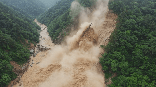 A landslide in a forested mountain area