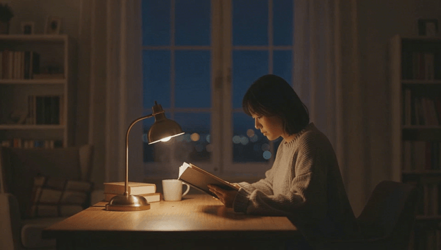 Young woman reading with warm tea under a house lamp at night