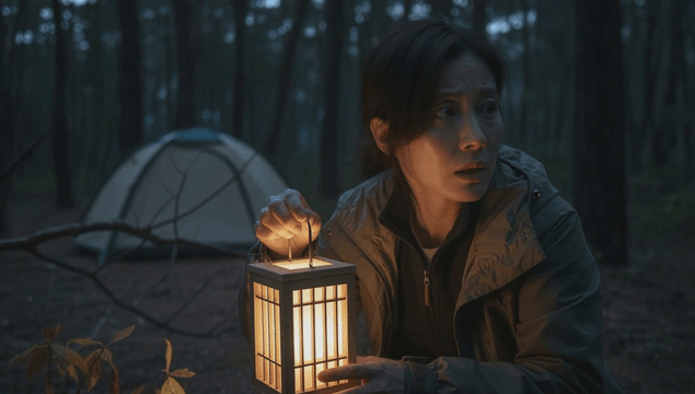 Woman holding lantern in fear at forest campsite