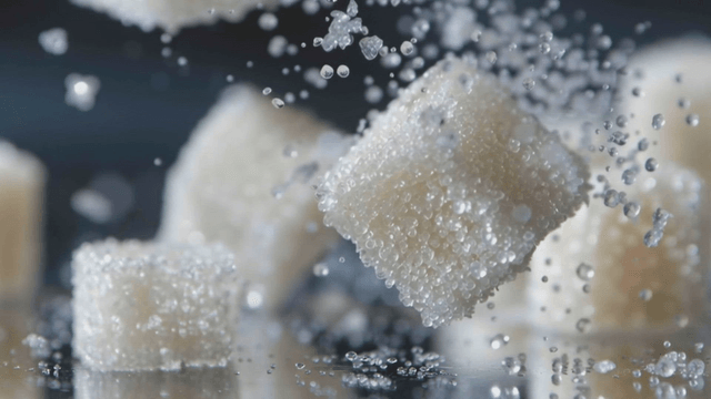 Powder drifting around falling sugar cubes