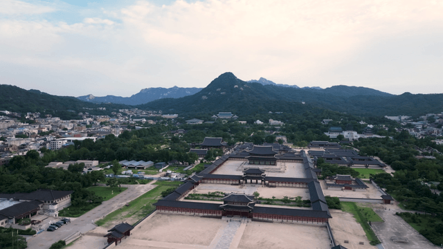 Aerial view of a traditional Korean palace