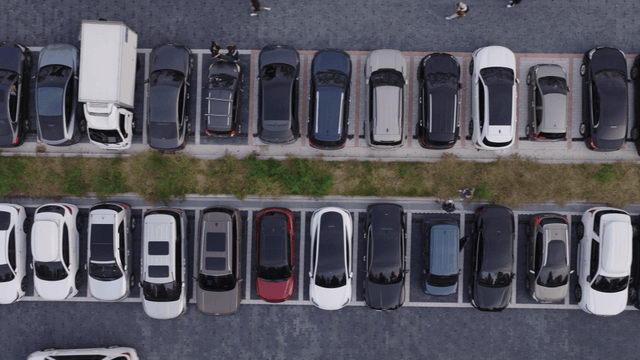 Aerial view of a busy parking lot