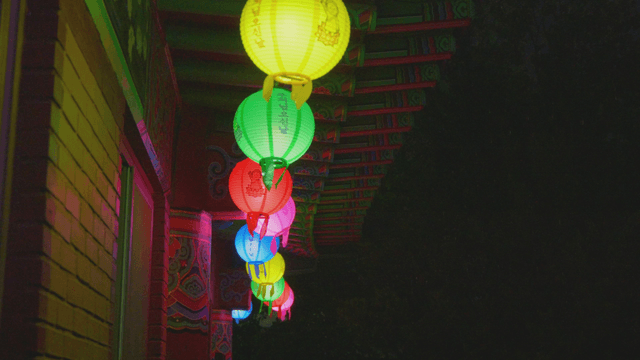 Lanterns of Buddha's Birthday hanging on a rainy night