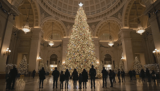 장식된 홀의 거대한 크리스마스 트리