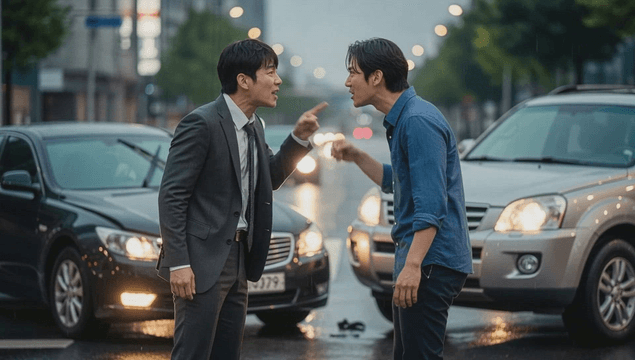 Two men arguing on a rainy street