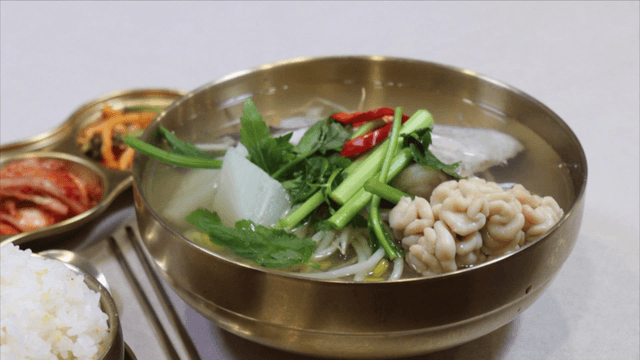 Korean meal with rice and cod soup