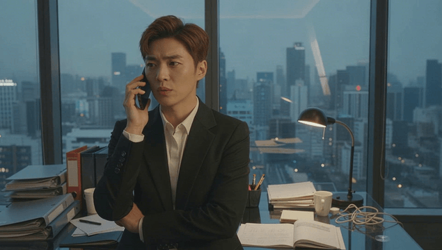 Office worker making phone call by window in high-rise building