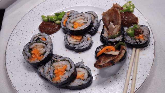 Pork belly gimbap plate served with ssamjang