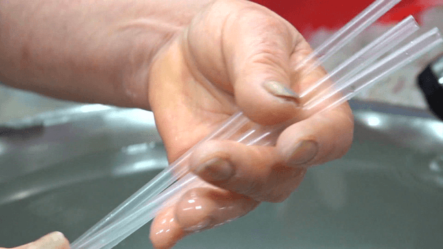 Plastic straws held in hand in kitchen