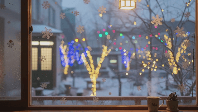 눈 내리는 저녁 시간 창문 너머 크리스마스 조명