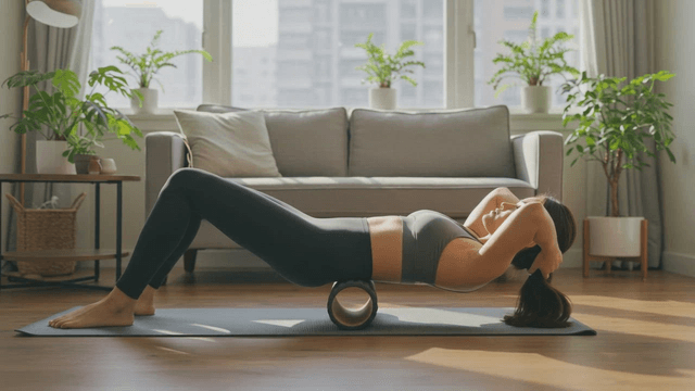 Woman exercising with a foam roller indoors