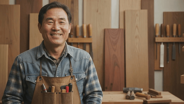목공소에서 웃고 있는 장인