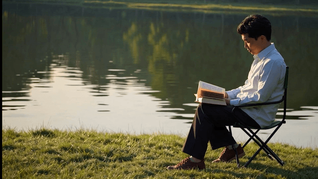 A man reading by a tranquil lakeside
