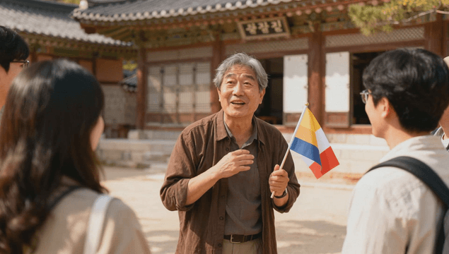 Travel guide explaining at a Korean traditional site