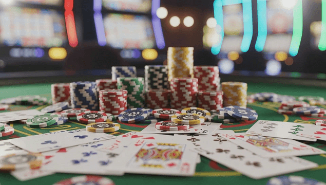 Casino table with poker chips and cards