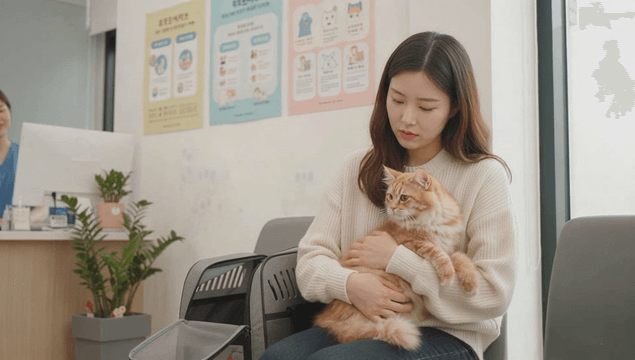 Woman holding cat in veterinary clinic waiting room