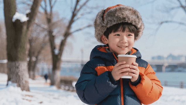 Child enjoying a warm drink in winter
