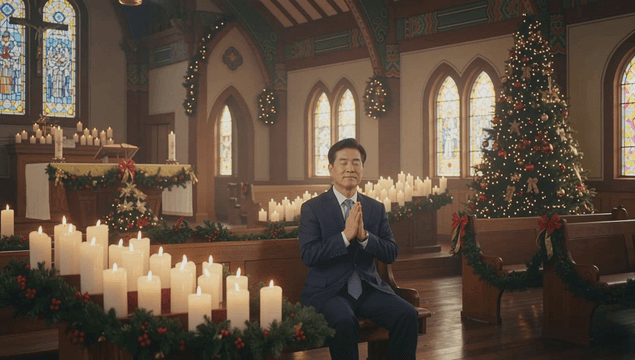 Man praying inside christmas decorated cathedral