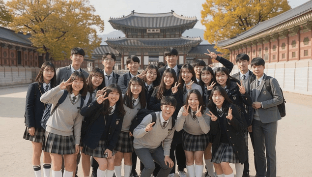 Students posing in front of a traditional Korean building
