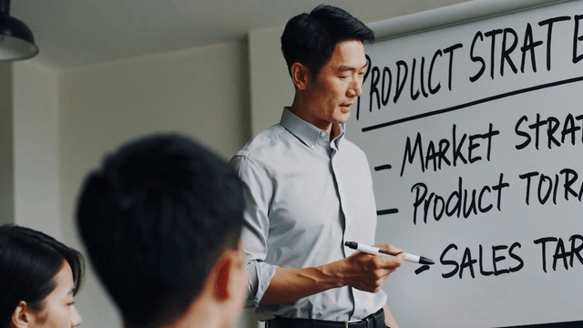 Business presentation with a strategy board