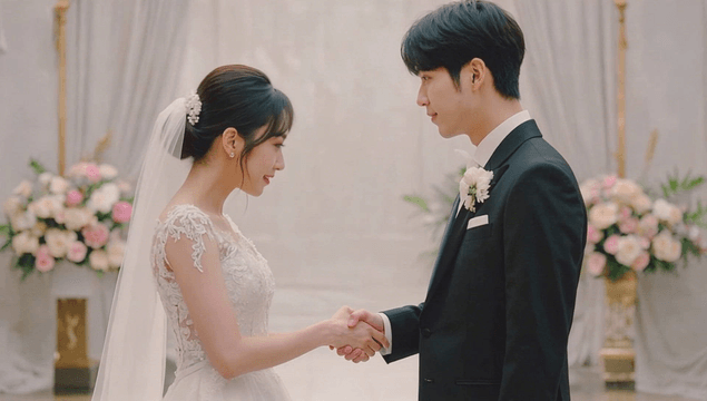 Young couple holding hands with smiles at a wedding