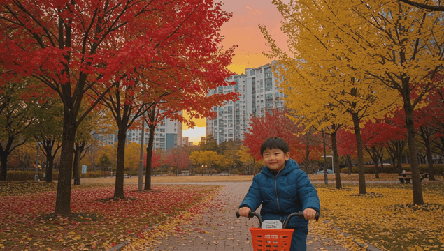 Boy riding a bicycle in an autumn park