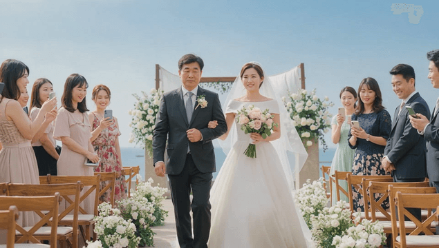 A bride walking down the aisle outdoors