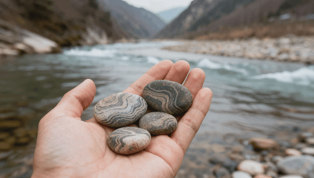 흐르는 강가에서 돌을 들고 있는 손