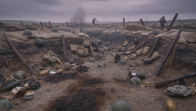 Abandoned battlefield with scattered equipment