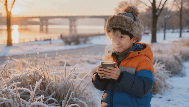 Child enjoying a warm drink in a snowy park