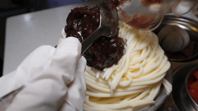 Red bean paste on top of shaved ice
